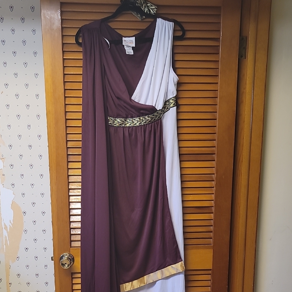 📣 Roman Goddess Toga Costume – Maroon & White w/ Gold Accents